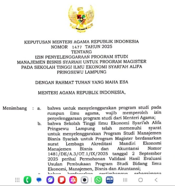 
					Selamat, STIES ALIFA Pringsewu Resmi Miliki Program Magister Bisnis Syariah