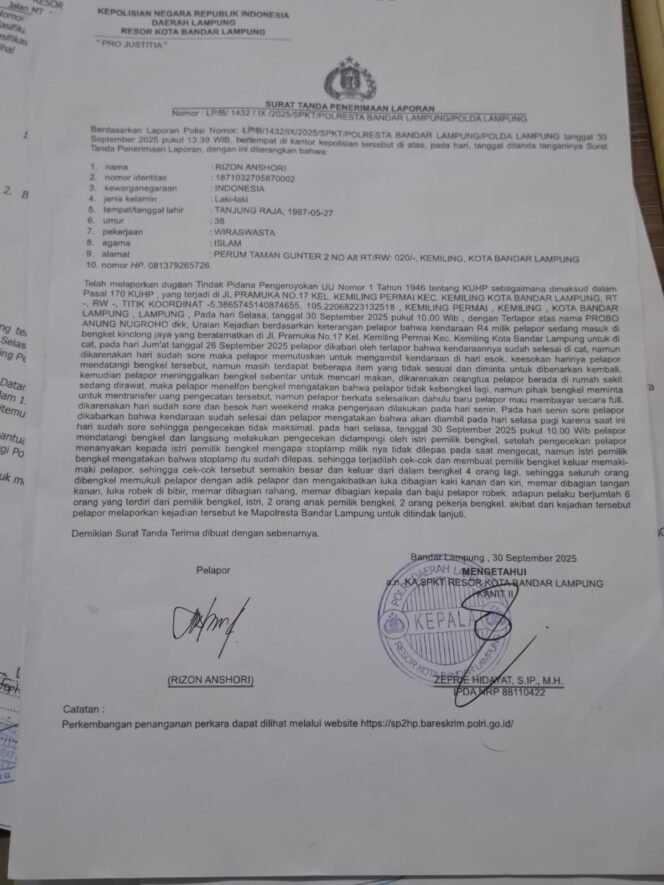 
					Diduga Dikeroyok Pemilik Bengkel, Warga Bandar Lampung Lapor Polisi