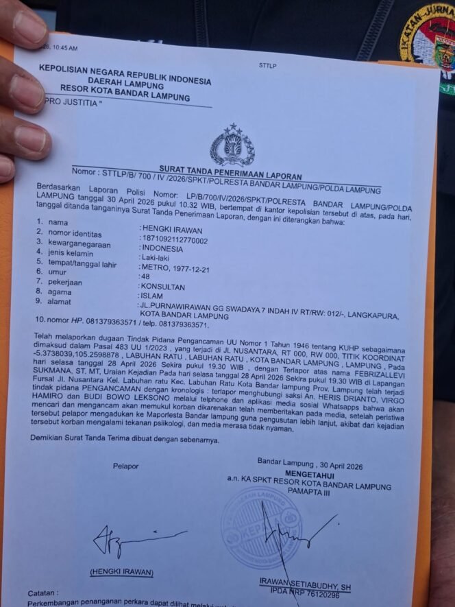 
					Polisi Terbitkan STTLP, Laporan Dugaan Ancaman terhadap Wartawan di Lampung Resmi Diproses