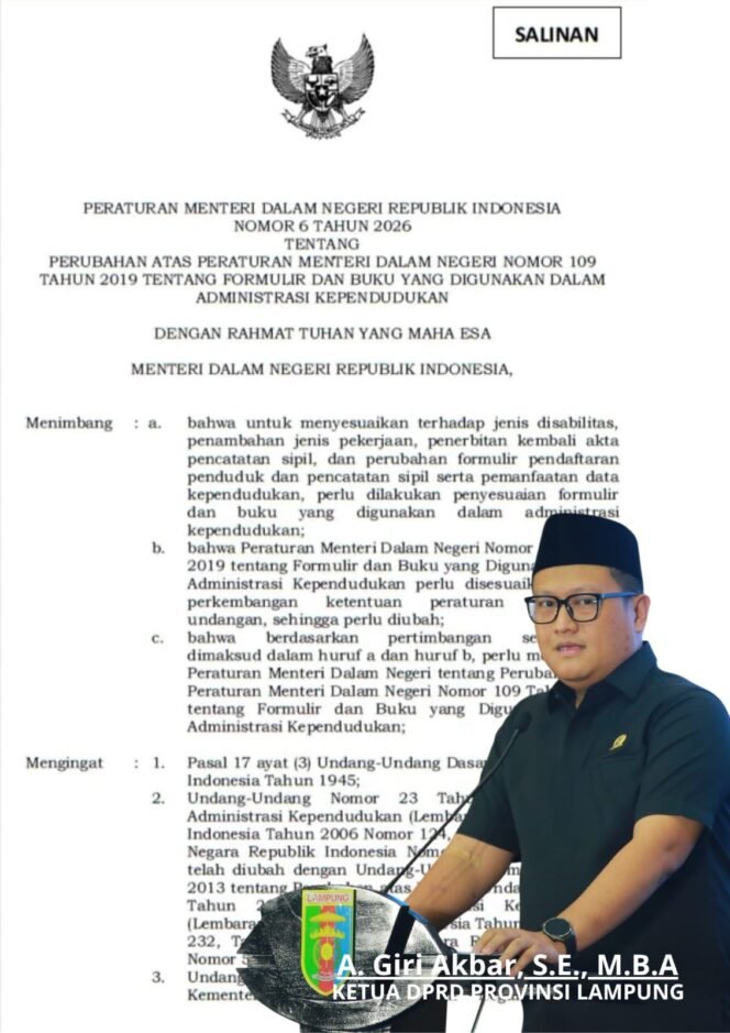 
					Dorong Pemutakhiran Data, Ketua DPRD Lampung Ajak Pemkab/Pemkot se-Lampung Sosialisasikan Permendagri Nomor 6 Tahun 2026.
